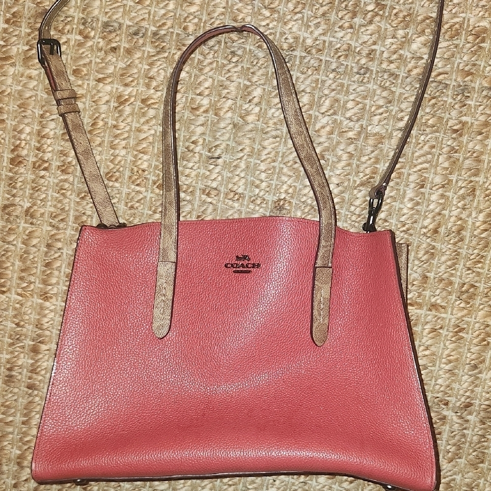 Coach Red and Tan Tote Bag with Monogrammed Colorblock Design Black Accents